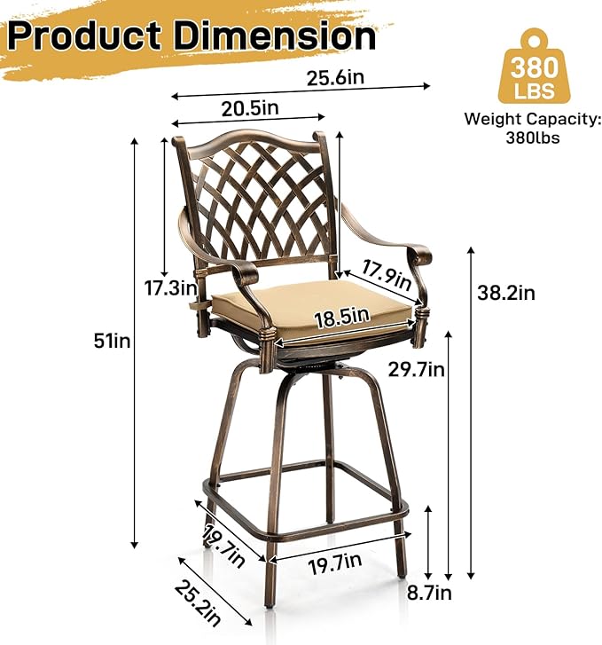 VINGLI 3 Piece Outdoor Patio Bar Set, Cast Aluminum Outdoor Swivel Bar Stools - Image 8