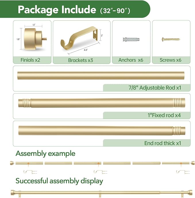 Curtain Rods for Windows 48 to 84, 1 Inch Adjustable Gold Heavy Duty Long - Image 6