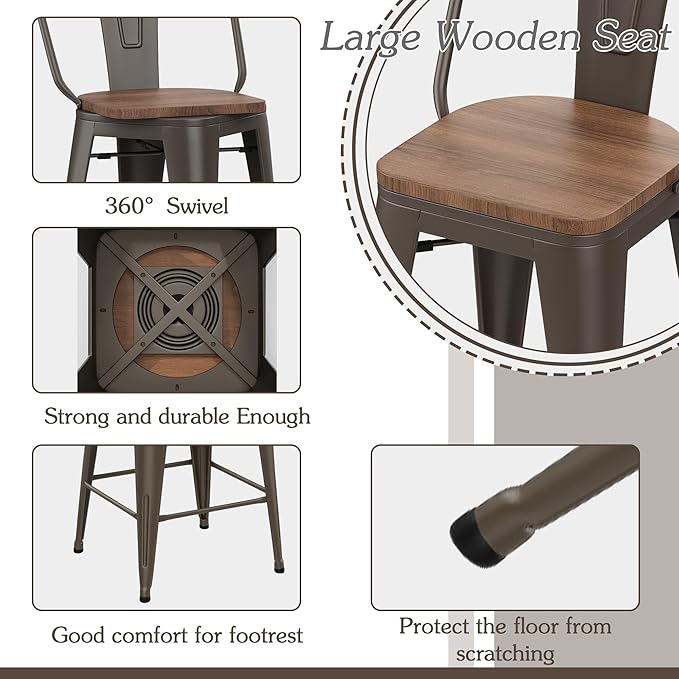 Alunaune 26" Swivel Metal Counter Height Bar Stools Set of 4 High Back - Image 6