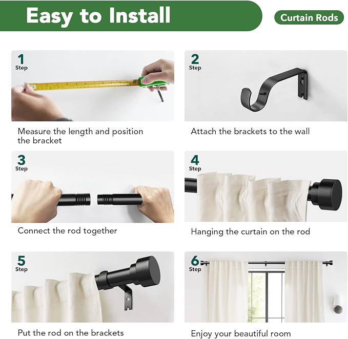 2 Pack Curtain Rods for Windows 28 to 48, 1 Inch Adjustable Black Heavy Duty - Image 8