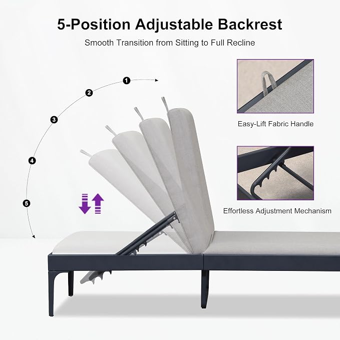 PURPLE LEAF Outdoor Chaise Lounge Set of 3 Aluminum Adjustable Patio Lounger - Image 3