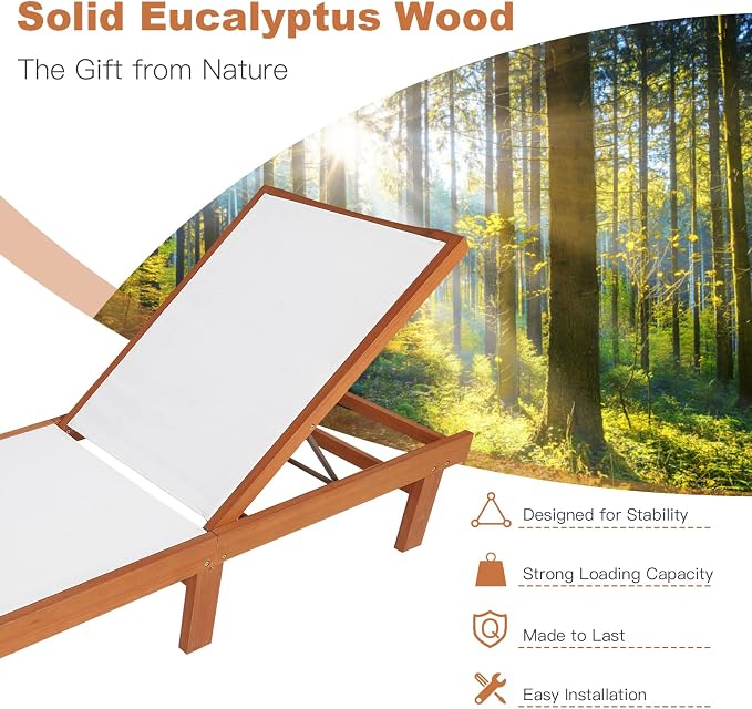 COSTWAY Set of 2 Patio Wood Chaise Lounge Chair, Strong Eucalyptus Wood Frame - Image 5