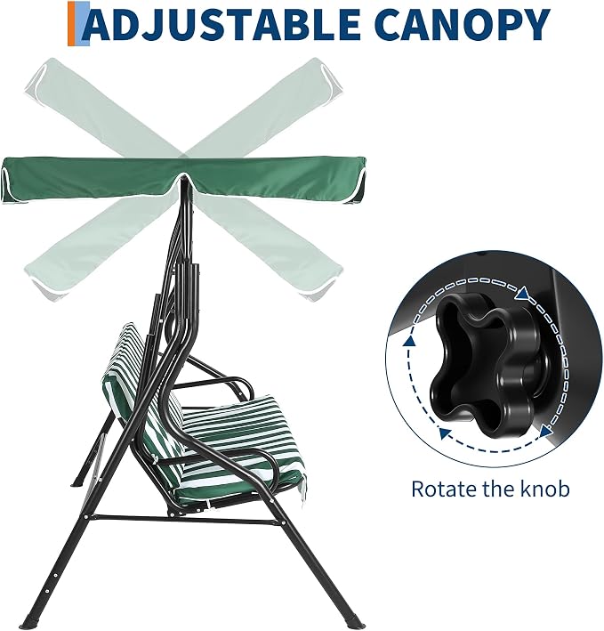 Outdoor Porch Swing Chair with Adjustable Canopy & Striped Seat Cushion - Image 2