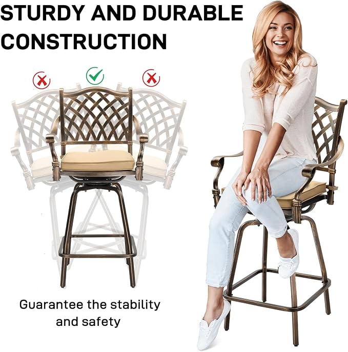 VINGLI 3 Piece Outdoor Patio Bar Set, Cast Aluminum Outdoor Swivel Bar Stools - Image 4