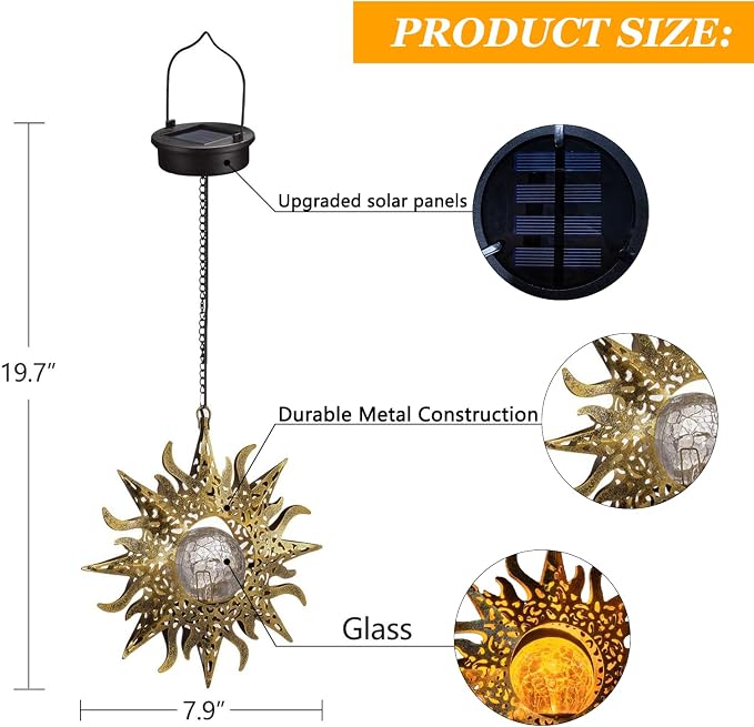 2 Pack Garden Decor Hanging Lanterns Outdoor Waterproof, Solar Lights Metal Sun - Image 2
