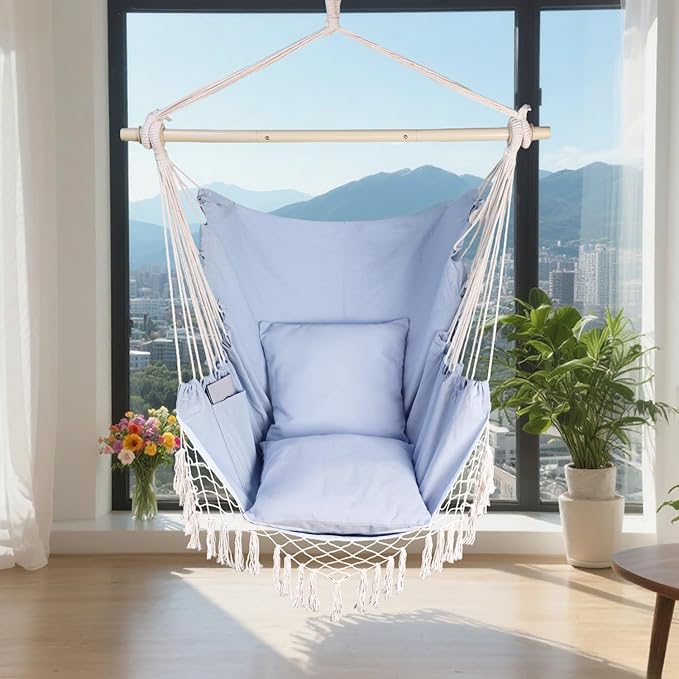 Hammock Chair Hanging Rope Swing Chair, Max 450 Lbs, Large Hanging Chair - Image 7