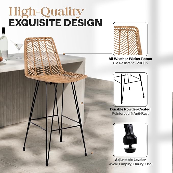 IDZO Outdoor Rattan Bar Stools Set of 2, 42-Inch Tall - Image 3