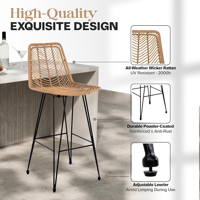 IDZO 400lbs Capacity Rattan Bar Stools Set of 2, 29-Inch Height, Outdoor & - Image 4