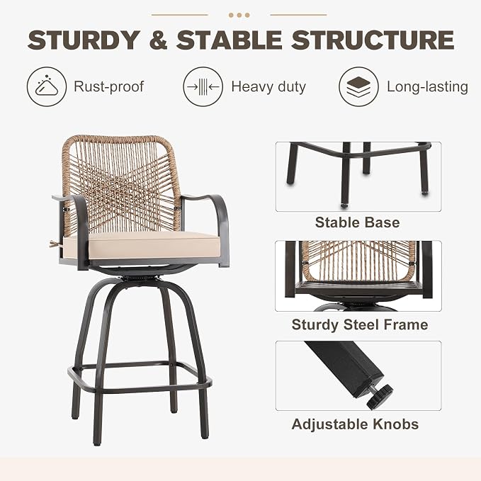 Patio Swivel Bar Stools Set of 2, Outdoor Rattan Height Bar Patio Swivel Chairs - Image 6
