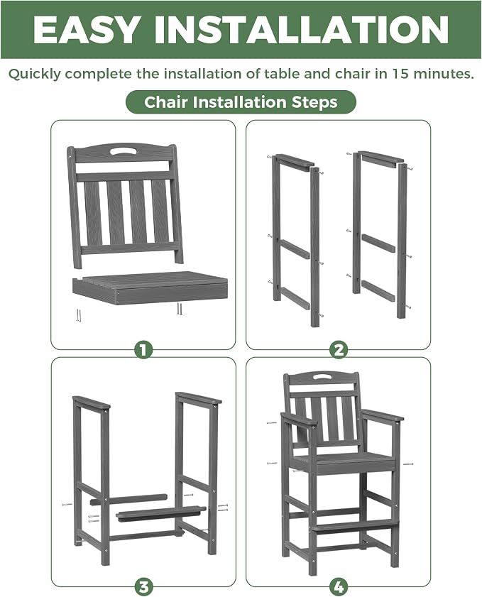 Outdoor Patio Tall Adirondack Bar Chairs Set of 2, All-Weather HDPE Bar Height - Image 5
