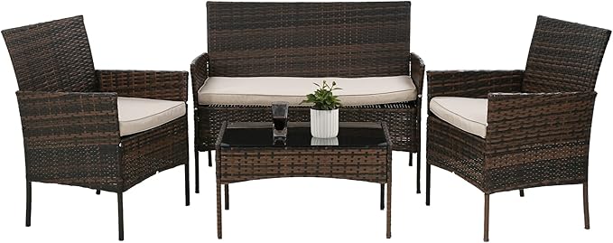 PayLessHere 4 Pieces Patio Furniture Set Rattan Outside Furniture Wicker Sofa by PayLessHere
