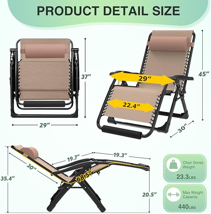 Suteck Oversized Zero Gravity Chair, 29In XL Lounge Chair w/Removable - Image 2