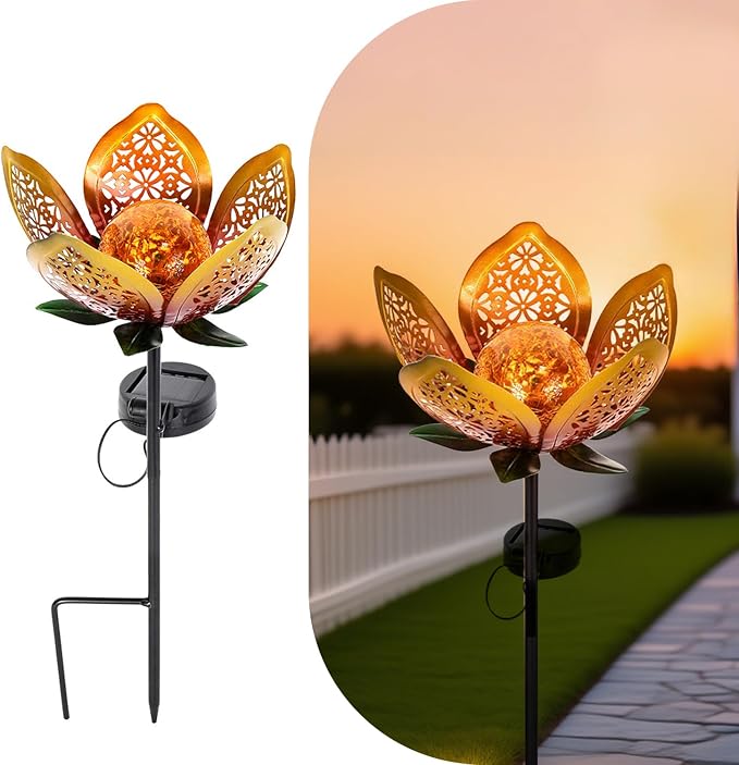 2Pack Solar Lights Outdoor Garden Decor, LED Lotus Flower Lamp, Metal Tulip - Image 8