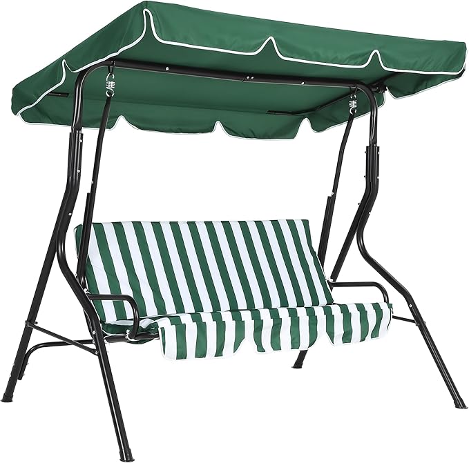 Outdoor Porch Swing Chair with Adjustable Canopy & Striped Seat Cushion by Garvee