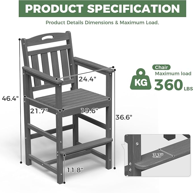 Outdoor Patio Tall Adirondack Bar Chairs Set of 2, All-Weather HDPE Bar Height - Image 4