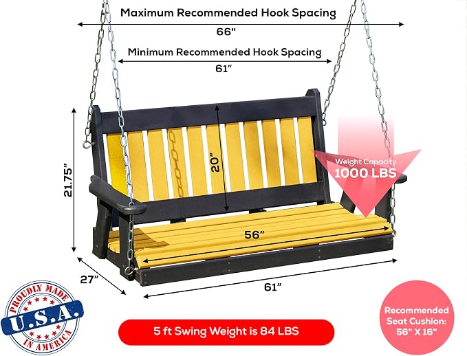 Poly Lumber Wood 5FT Mission Porch Swing Amish Craftsmandship Made in USA HDPE - Image 2
