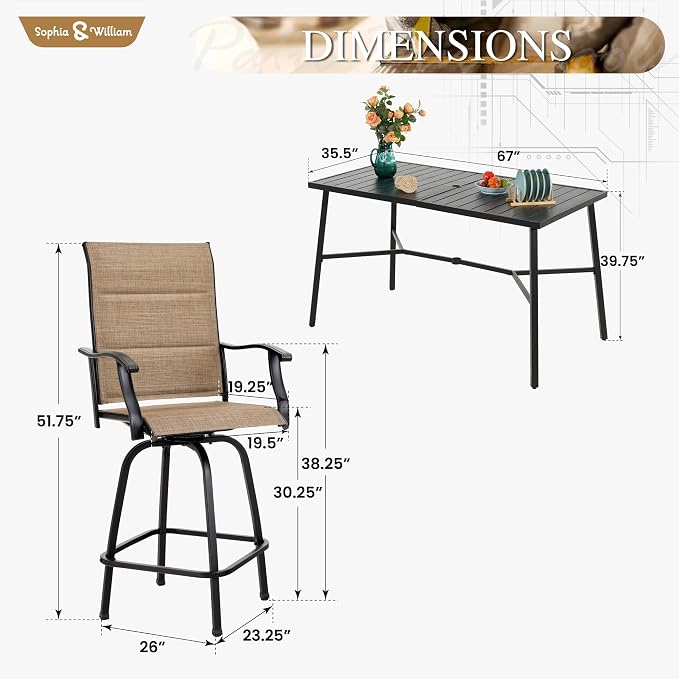 Sophia & William Outdoor Bar Set, Patio Bar Table and Chairs Set, Bar Height - Image 7