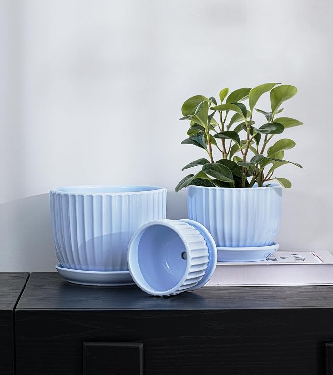 Ton Sin Sky Blue Ceramic Flower Pots, Modern Indoor Decorative Plant Pots Set - Image 7