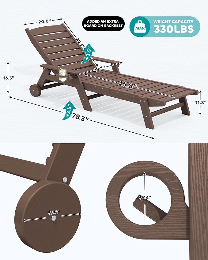 SERWALL Patio Chaise Lounge Chair, Poly Lounge Chair - Image 3
