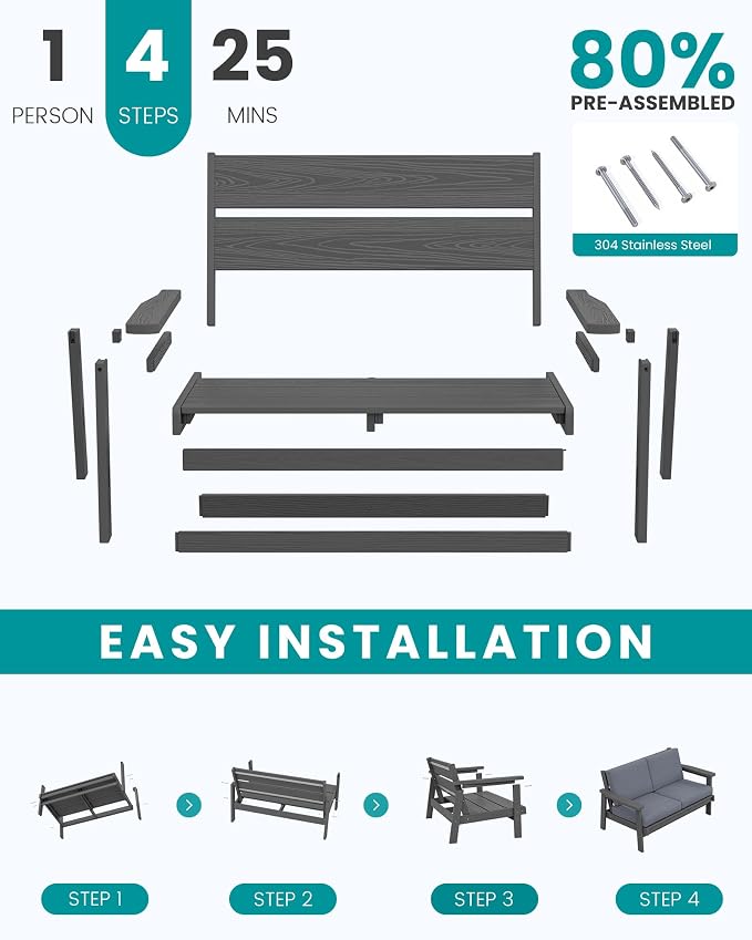 SERWALL 4 Piece HDPE Outdoor Furniture Set, All Weather Wood-Like Outdoor Sofa - Image 7