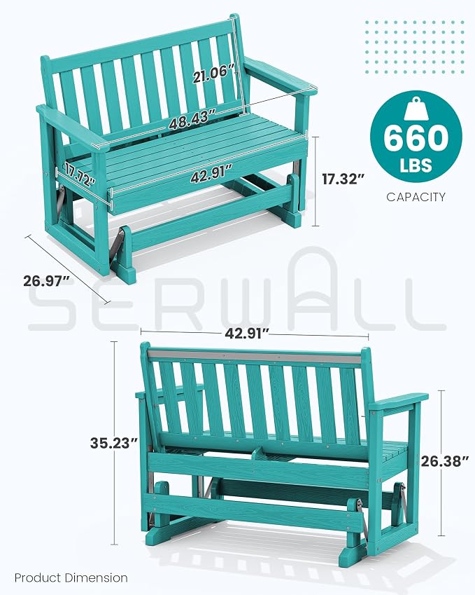 SERWALL Outdoor Glider Bench Set of 2, HDPE Weather-Resistant Swinging Bench - Image 2