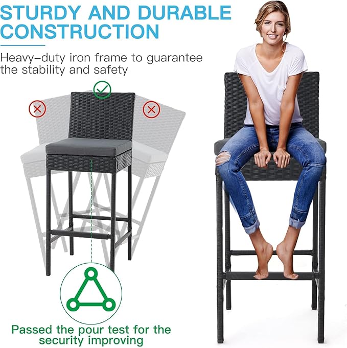 ECOTOUGE Outdoor Bar Stools, Wicker Woven Patio Stools & Patio Bar Chairs - Image 4