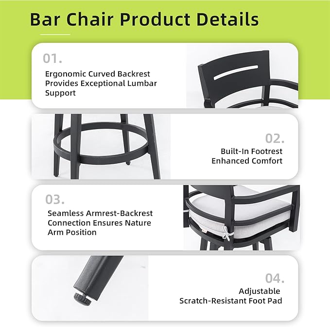 Modern Outdoor Bar Stools Set of 2 Swivel Patio Bar Chairs - Image 4