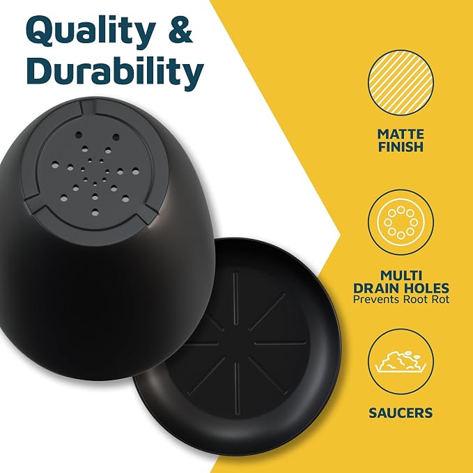 Black Plant Pots with Drainage Holes & Saucers 15 Pack, Indoor & Outdoor - Image 7