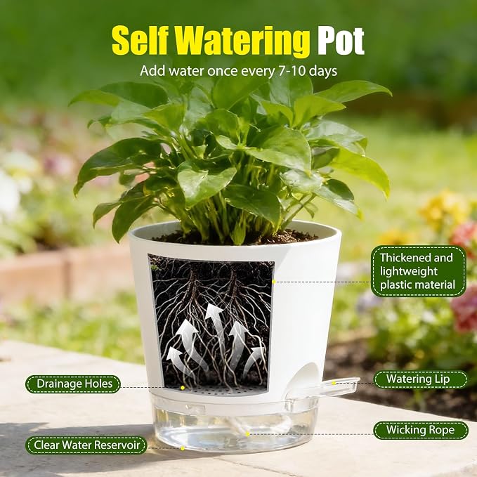 Plant Pots 8 Inch Self Watering Pots, 2 Pack Plastic Planters - Image 4