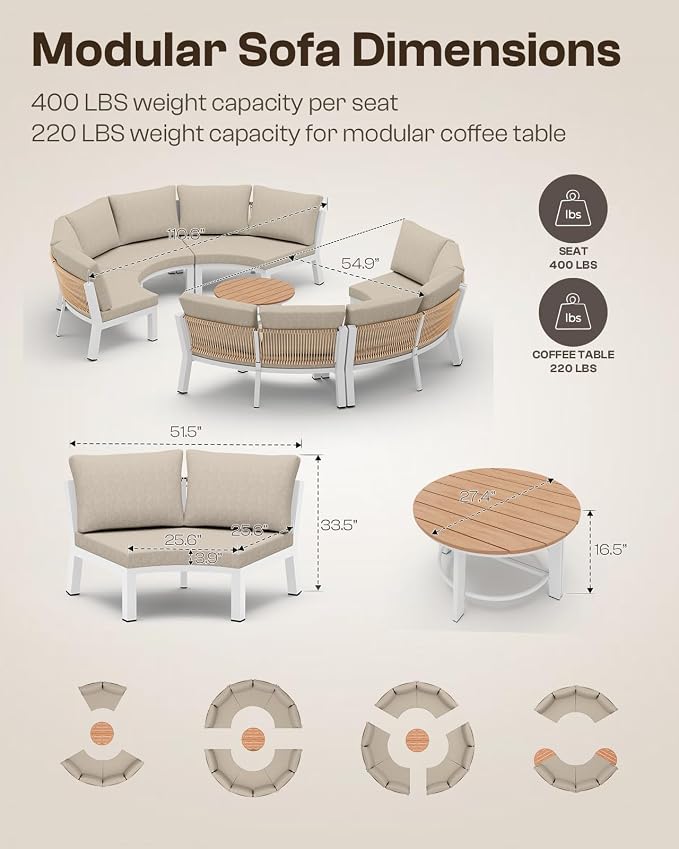 Outdoor Patio Sectional Modular Sofa, Aluminum 1 Piece Curved Patio Couch - Image 2