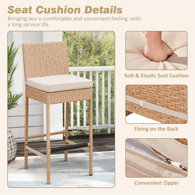 ECOTOUGE Outdoor Bar Stools Set of 2, Wicker Woven Patio Stools & Patio Bar - Image 4