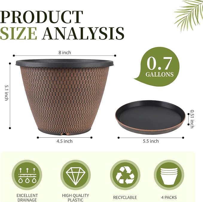 4 Pack 8 inch Plant Pot, Plastic Pots - Image 2