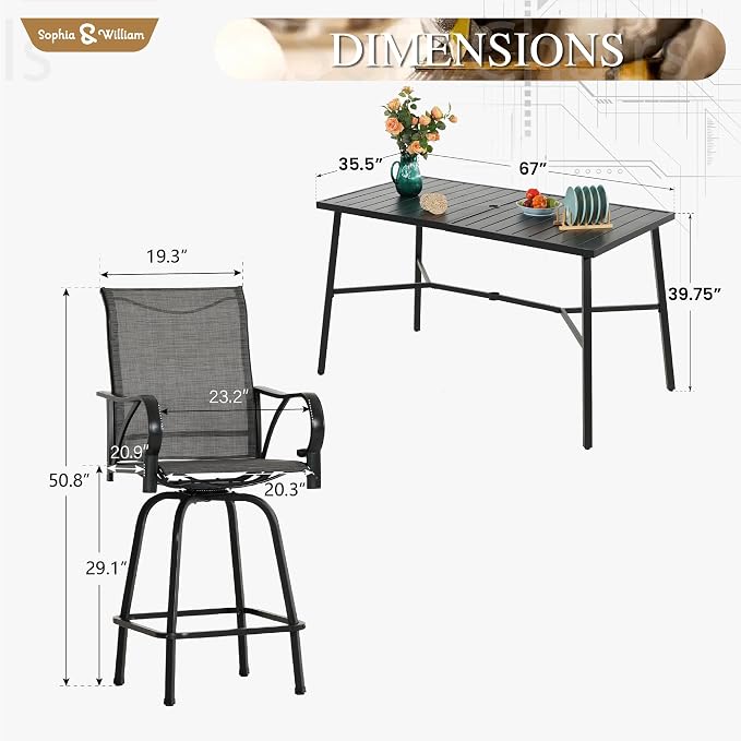 Sophia & William Outdoor Bar Set, Patio Bar Table and Chairs Set, Bar Height - Image 7