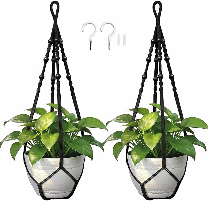 Macrame Plant Hanger, Wood Beads Cotton Hanging Planter Holder by Unknown
