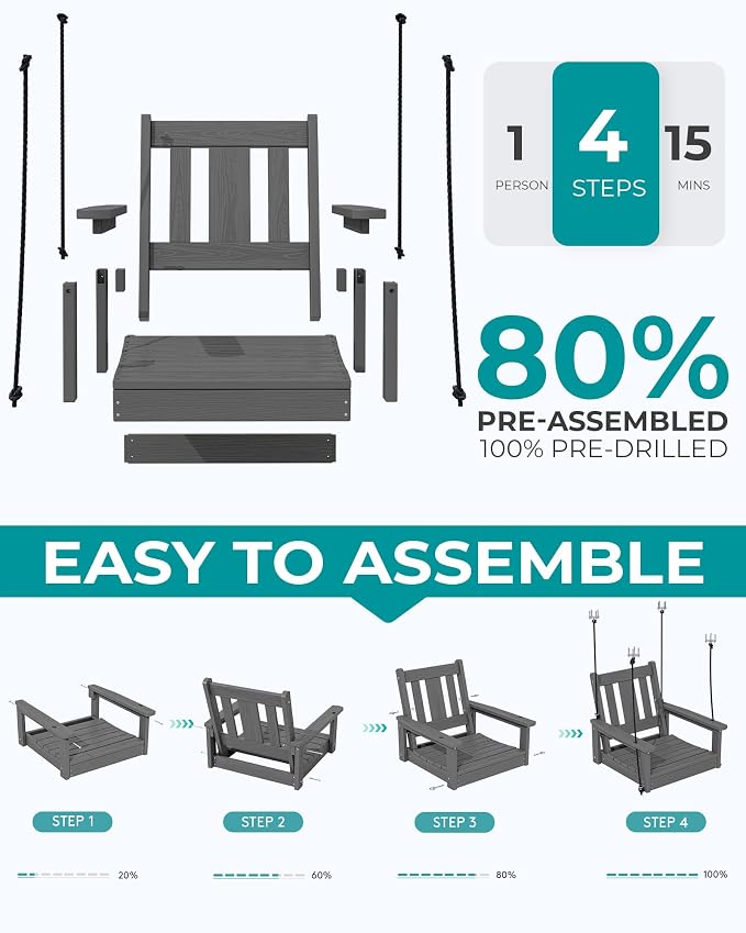 SERWALL HDPE Single Porch Swing Set of 2, Heavy Duty Single Person Swing Chair - Image 7