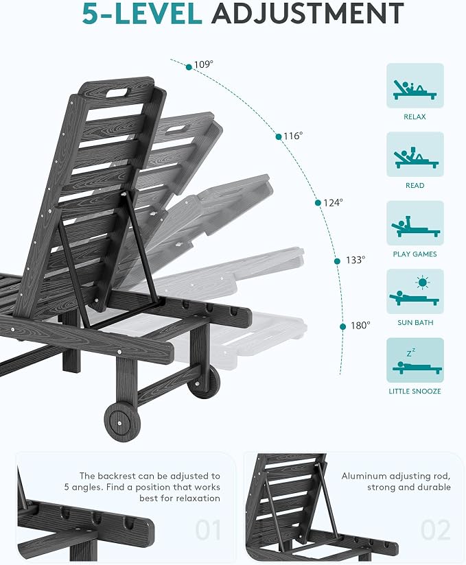 SERWALL Outdoor Chaise Lounge Set of 6, HDPE Pool Lounge Chair - Image 3