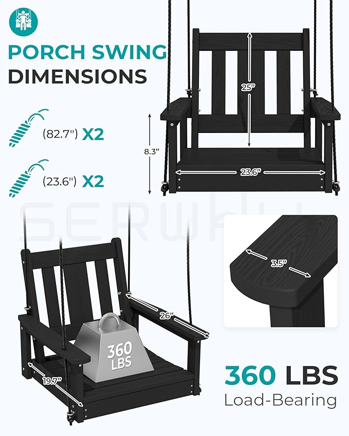 SERWALL HDPE Single Porch Swing, Heavy Duty Single Person Swing Chair - Image 2