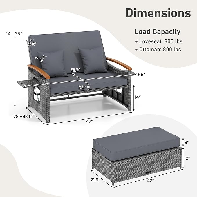 LDAILY Moccha Outdoor Wicker Daybed, Patio Rattan Loveseat Sofa w/ 4-Level - Image 8