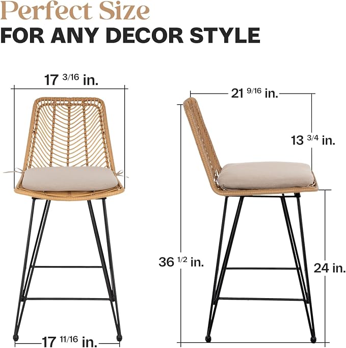 IDZO Set of 2 Rattan Counter Stools, 400lbs Capacity, Cushioned Seats, Steel - Image 2