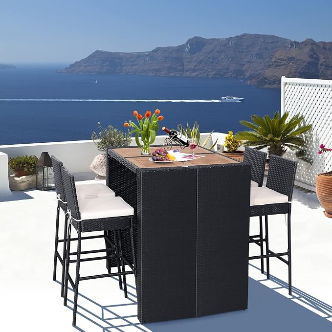 5 Piece Patio Wicker Bar Set, Rattan Bar Stools Set - Image 2