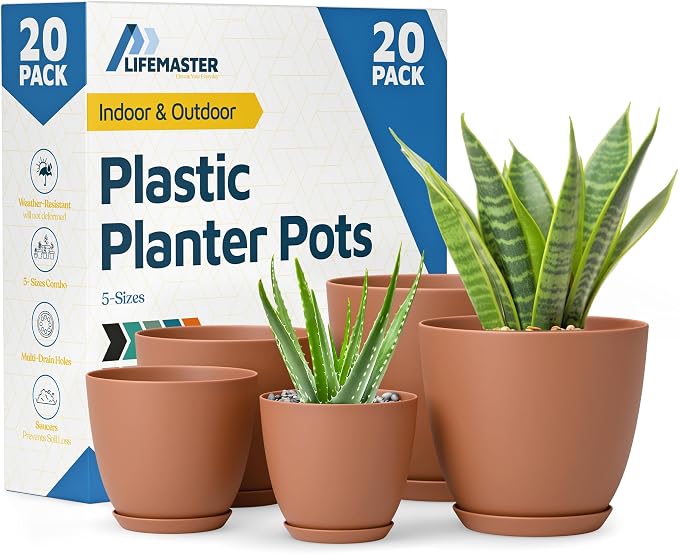 Terracotta Plant Pots with Drainage Holes & Saucers 20 Pack, Indoor & Outdoor by LIFEMASTER