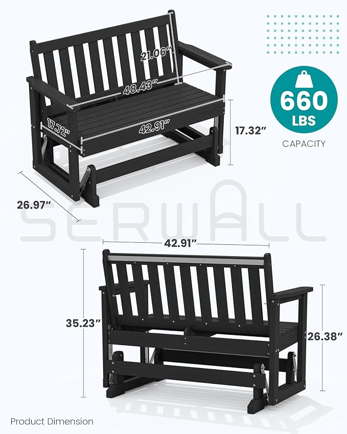 SERWALL Outdoor Glider Bench Set of 4, HDPE Weather-Resistant Swinging Bench - Image 2
