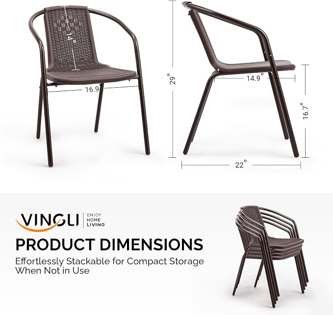 VINGLI PE Rattan Outdoor Dining Chairs Set of 4, Plastic Stackable Patio Chairs - Image 3