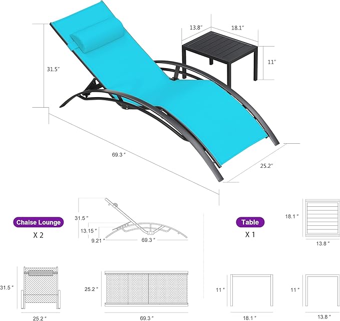Purple Leaf Patio Chaise Lounge Set of 3 Outdoor Lounge Chair Beach Pool - Image 2