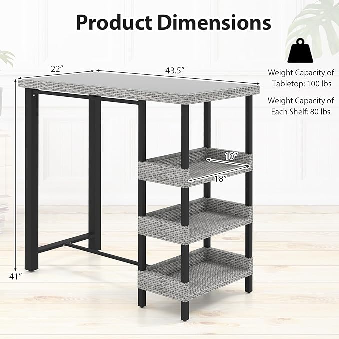 Tangkula 43.5” Outdoor Bar Table, Wicker Bar Height Dining Table w/Tempered - Image 3