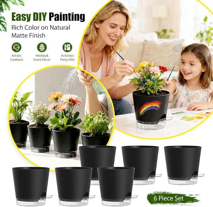 Plant Pots 4 Inch Self Watering Pots, 6 Pack Plastic Planters - Image 6