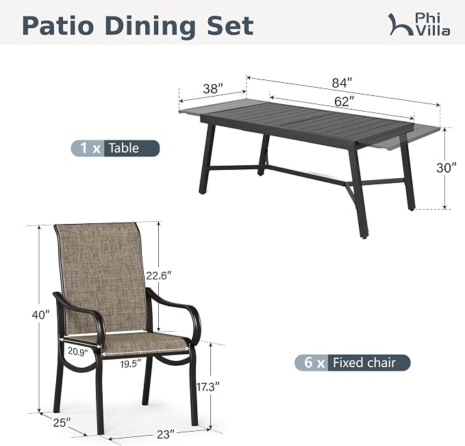 PHI VILLA Outdoor Dining Set for 6 Person, Expandable Table for 6-8 Person - Image 9