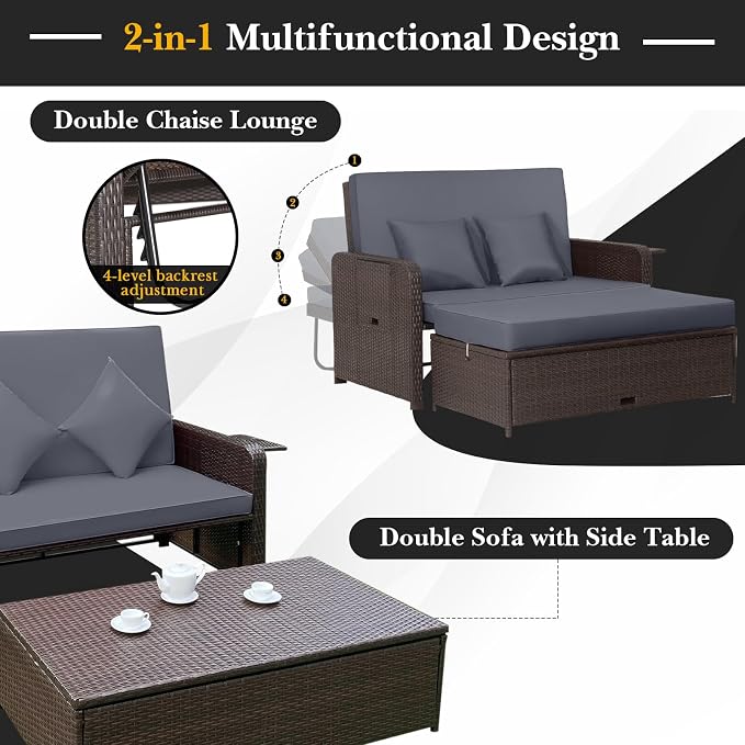LDAILY Moccha Outdoor Daybed, Wicker Loveseat Sofa Set - Image 7