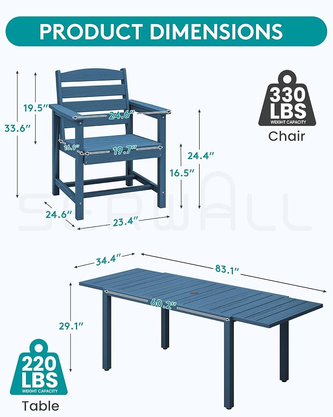 SERWALL 7-Piece Patio Dining Sets, All Weather HDPE Outdoor Furniture Set - Image 2