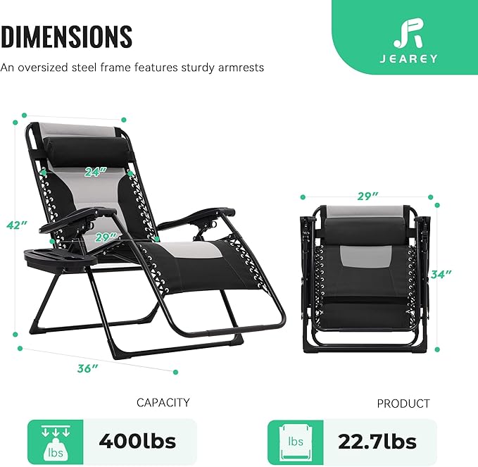JEAREY Oversized Padded Zero Gravity Chairs, Folding Lounge Chair Outdoor Patio - Image 3